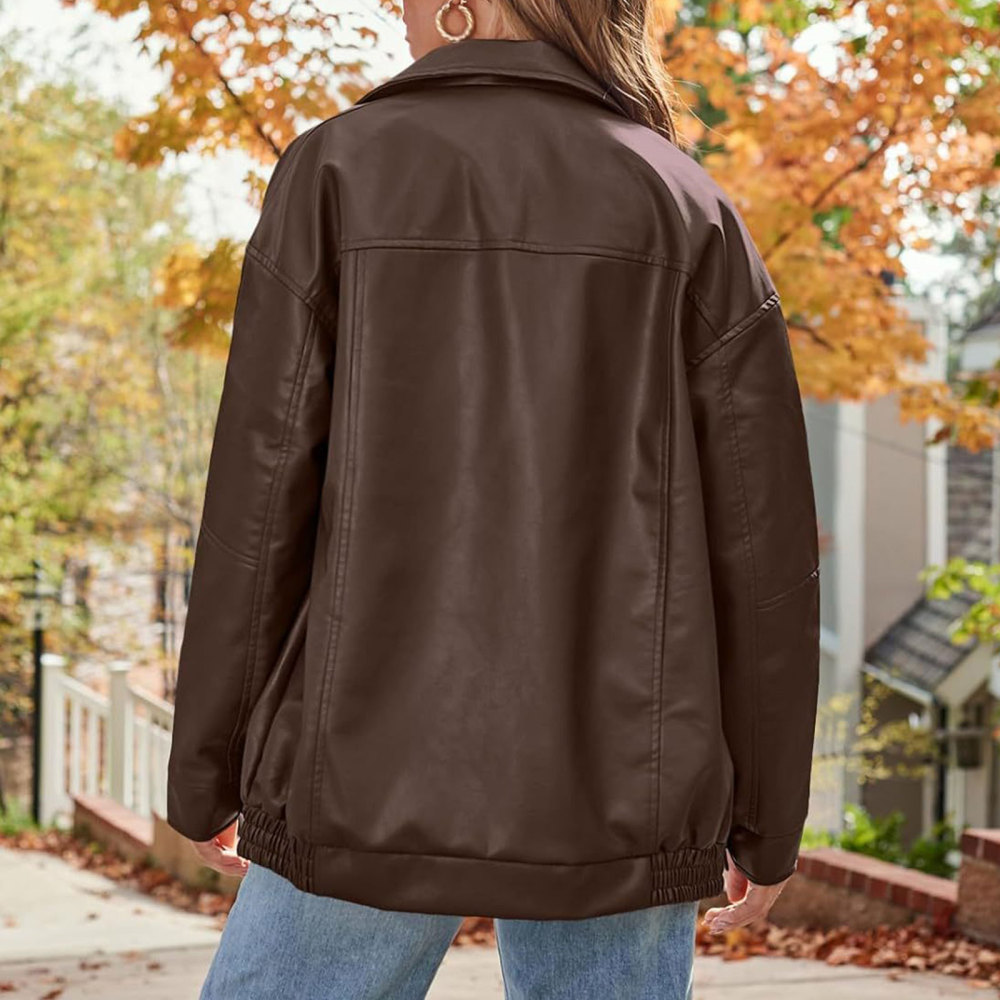 MAGIMODAC Ladies Faux-Leather Bomber Jackets Transitional Jacket Coat Fall Winter Faux-Leatherjacket Loose Fit Solid Color Cropped Coats Zipper with Pockets