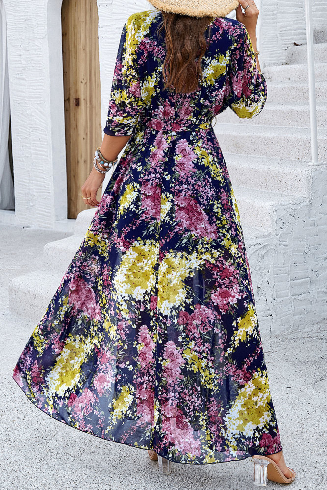 MAGIMODAC Women Summer Floral Long Dresses Casual A Line Wrap Sundress Elegant V Neck Chiffon Flowy Swing Cocktail Dress High Waist Maxi Dress