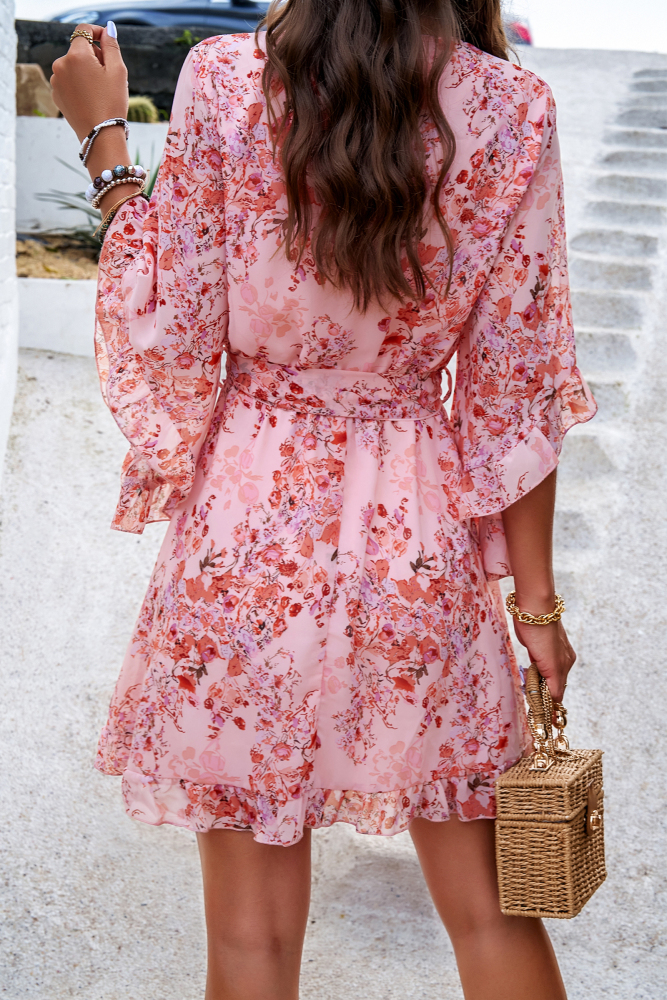 MAGIMODAC Women Summer Floral Mini Dresses Casual A Line Short Wrap Sundress Elegant V Neck Chiffon Flowy Swing Cocktail Dress High Waist Fit