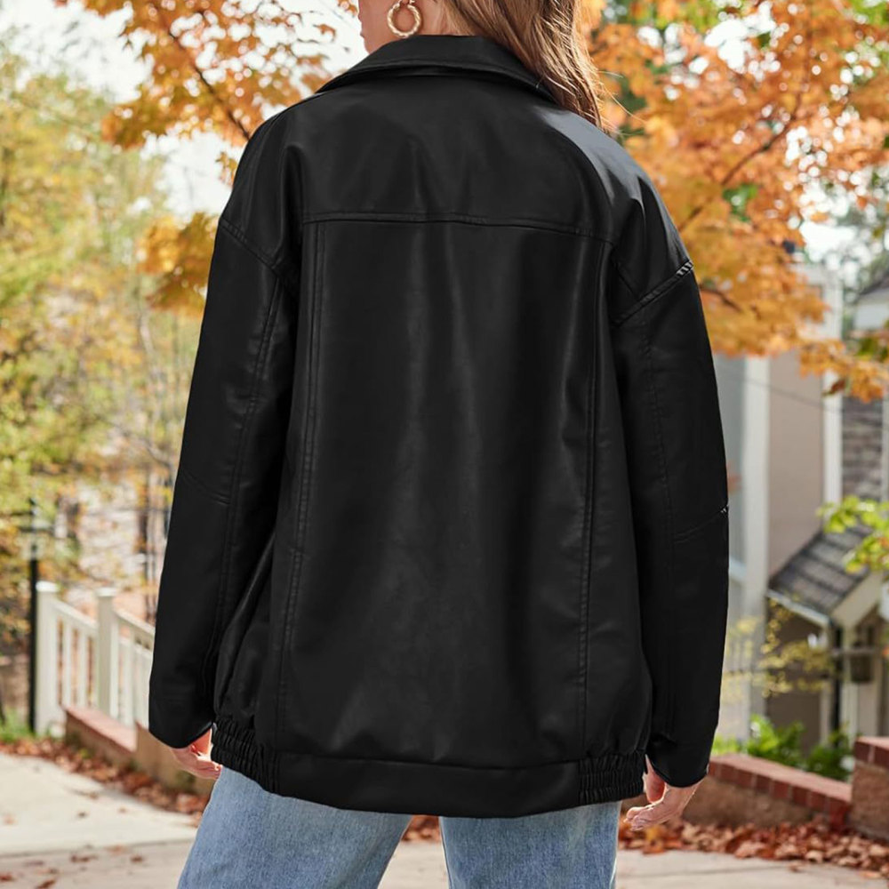 MAGIMODAC Ladies Faux-Leather Bomber Jackets Transitional Jacket Coat Fall Winter Faux-Leatherjacket Loose Fit Solid Color Cropped Coats Zipper with Pockets
