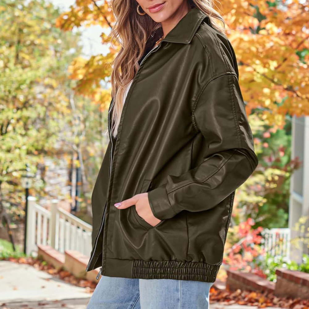 MAGIMODAC Ladies Faux-Leather Bomber Jackets Transitional Jacket Coat Fall Winter Faux-Leatherjacket Loose Fit Solid Color Cropped Coats Zipper with Pockets