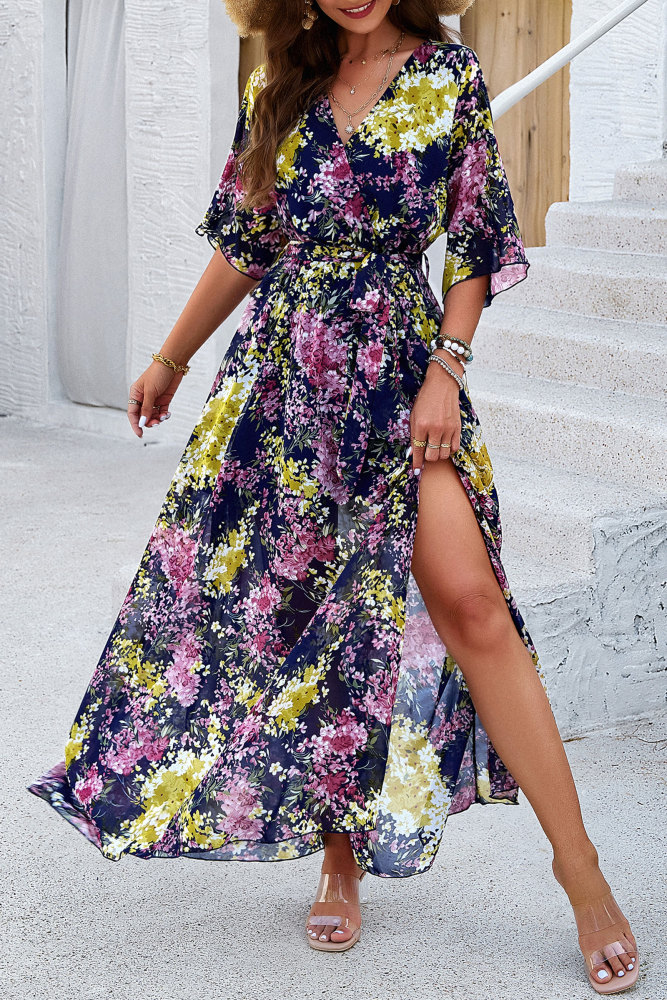 MAGIMODAC Women Summer Floral Long Dresses Casual A Line Wrap Sundress Elegant V Neck Chiffon Flowy Swing Cocktail Dress High Waist Maxi Dress
