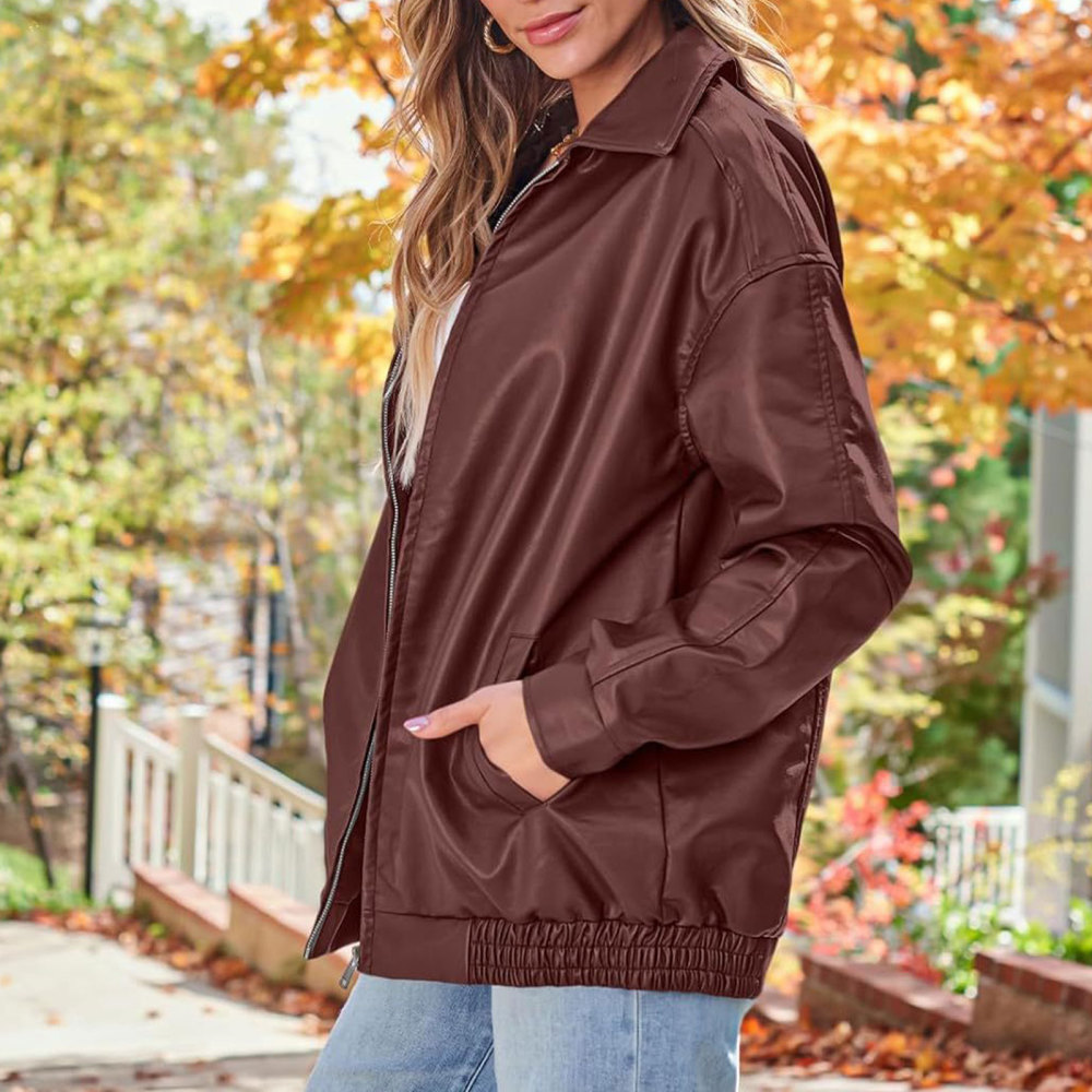MAGIMODAC Ladies Faux-Leather Bomber Jackets Transitional Jacket Coat Fall Winter Faux-Leatherjacket Loose Fit Solid Color Cropped Coats Zipper with Pockets