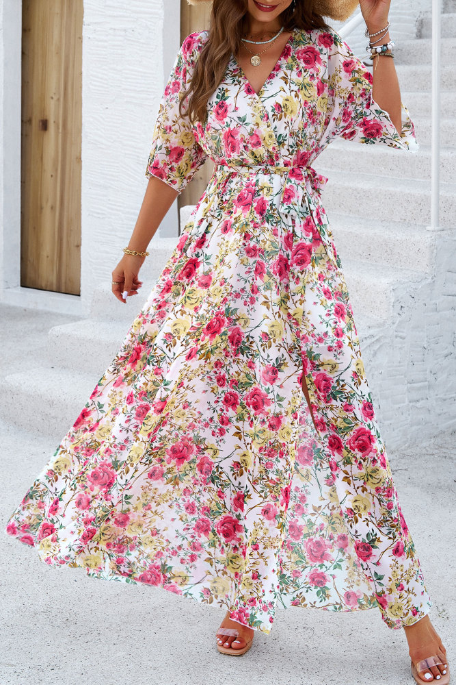 MAGIMODAC Women Summer Floral Long Dresses Casual A Line Wrap Sundress Elegant V Neck Chiffon Flowy Swing Cocktail Dress High Waist Maxi Dress