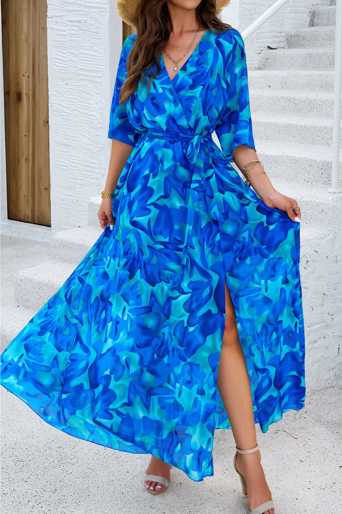 MAGIMODAC Women Summer Floral Long Dresses Casual A Line Wrap Sundress Elegant V Neck Chiffon Flowy Swing Cocktail Dress High Waist Maxi Dress