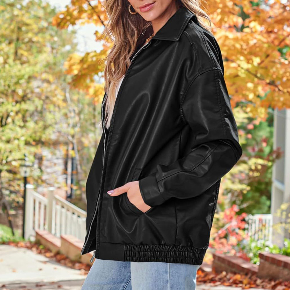 MAGIMODAC Ladies Faux-Leather Bomber Jackets Transitional Jacket Coat Fall Winter Faux-Leatherjacket Loose Fit Solid Color Cropped Coats Zipper with Pockets