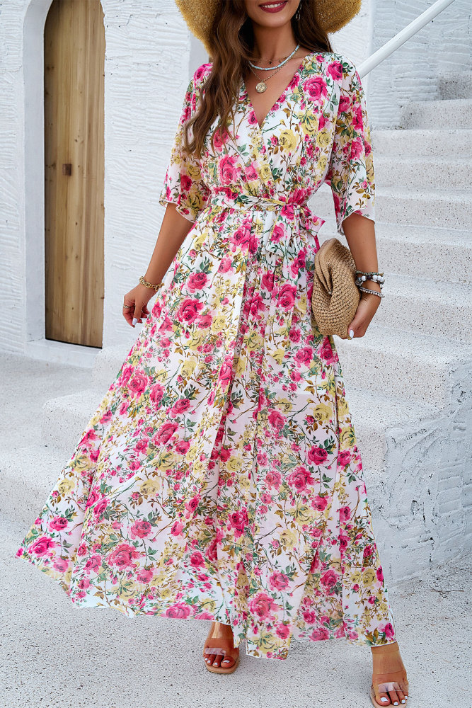 MAGIMODAC Women Summer Floral Long Dresses Casual A Line Wrap Sundress Elegant V Neck Chiffon Flowy Swing Cocktail Dress High Waist Maxi Dress