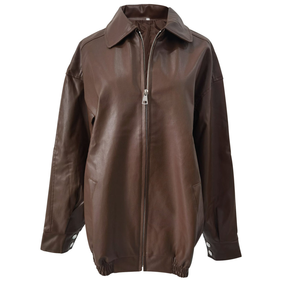 MAGIMODAC Ladies Faux-Leather Bomber Jackets Transitional Jacket Coat Fall Winter Faux-Leatherjacket Loose Fit Solid Color Cropped Coats Zipper with Pockets