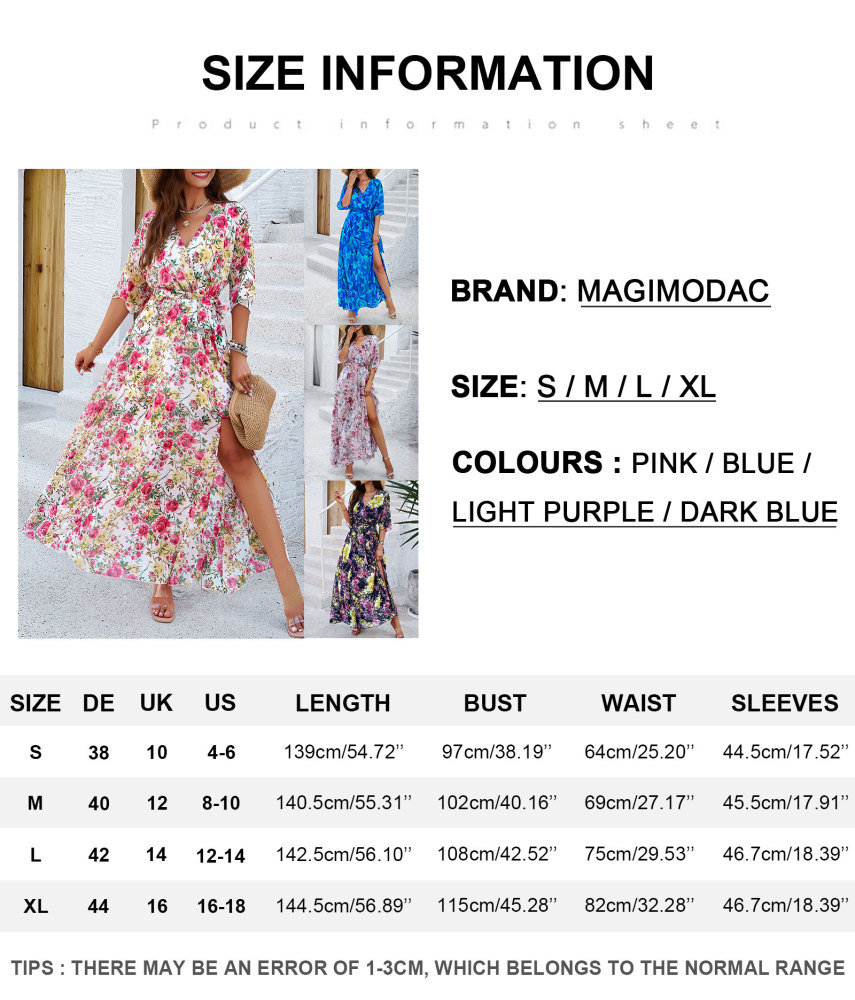 MAGIMODAC Women Summer Floral Long Dresses Casual A Line Wrap Sundress Elegant V Neck Chiffon Flowy Swing Cocktail Dress High Waist Maxi Dress