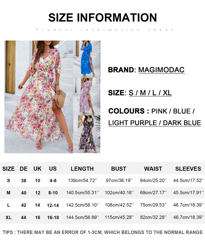 MAGIMODAC Women Summer Floral Long Dresses Casual A Line Wrap Sundress Elegant V Neck Chiffon Flowy Swing Cocktail Dress High Waist Maxi Dress
