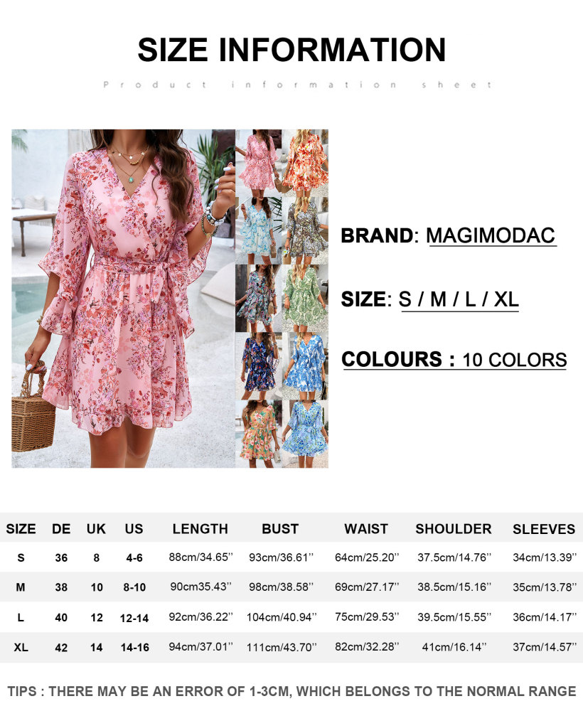 MAGIMODAC Women Summer Floral Mini Dresses Casual A Line Short Wrap Sundress Elegant V Neck Chiffon Flowy Swing Cocktail Dress High Waist Fit