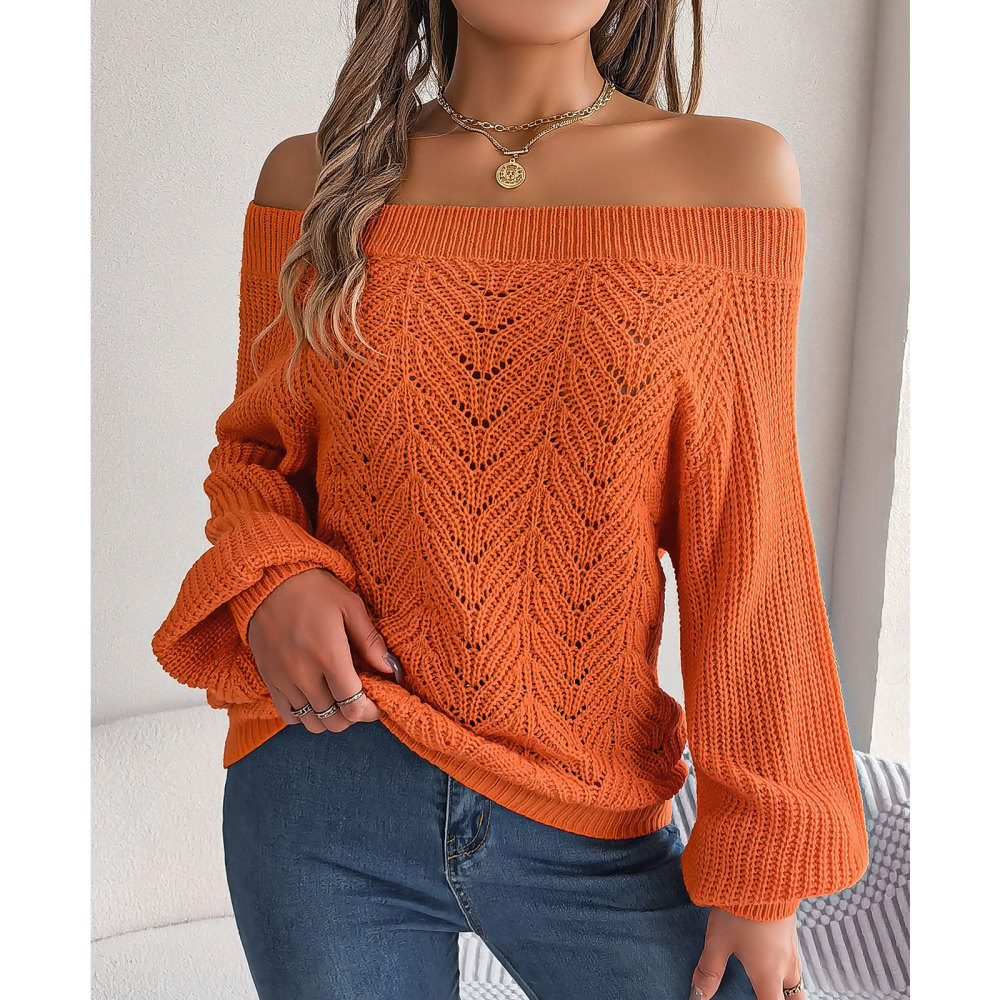 MAGIMODAC Ladies Sweaters Off The Shoulder Knit Jumper Long Sleeve Hollow Out Knitted Pullovers Tops Casual Chunky Knitwear Sweater Autumn Winter