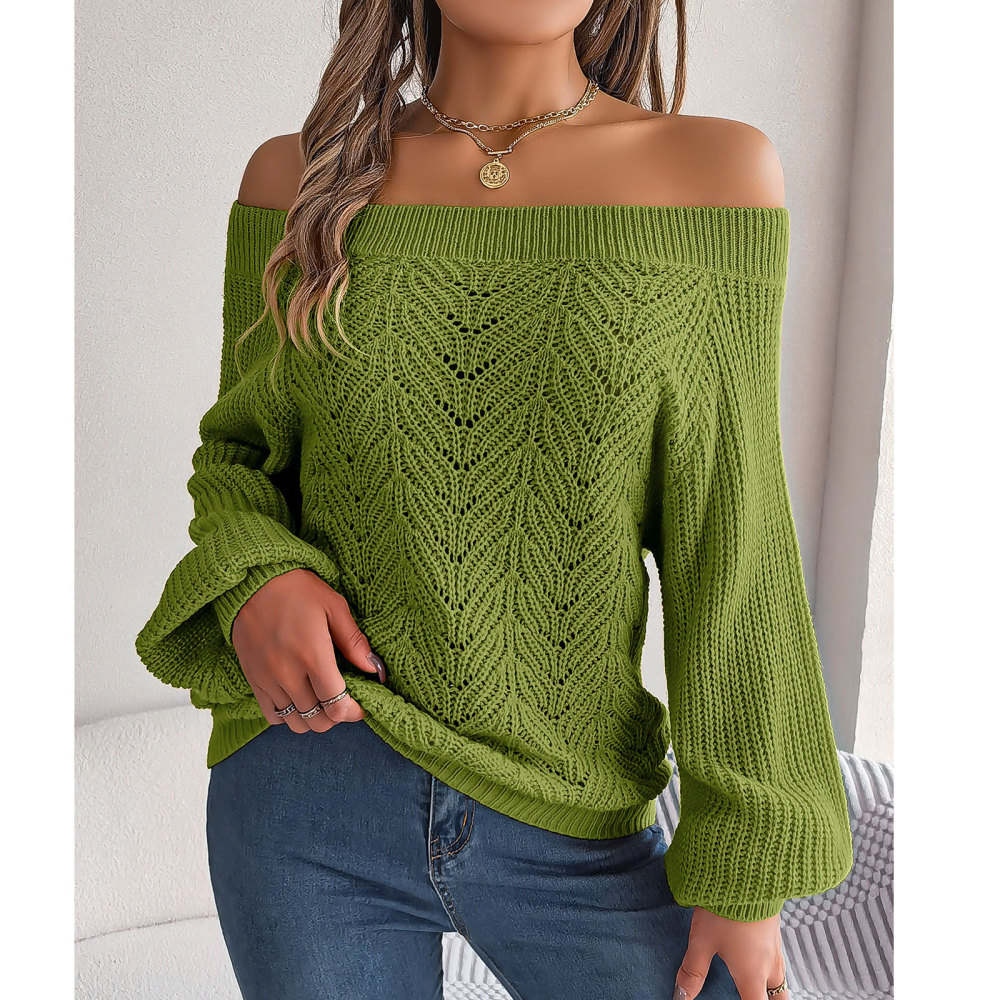 MAGIMODAC Ladies Sweaters Off The Shoulder Knit Jumper Long Sleeve Hollow Out Knitted Pullovers Tops Casual Chunky Knitwear Sweater Autumn Winter
