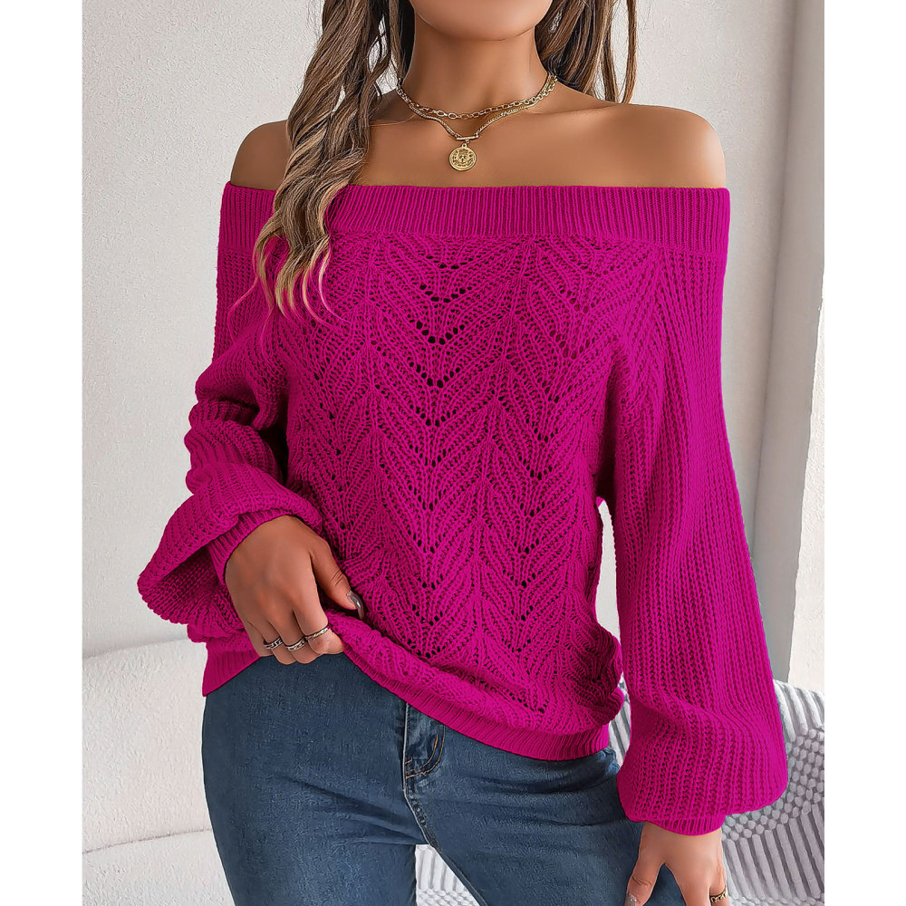 MAGIMODAC Ladies Sweaters Off The Shoulder Knit Jumper Long Sleeve Hollow Out Knitted Pullovers Tops Casual Chunky Knitwear Sweater Autumn Winter
