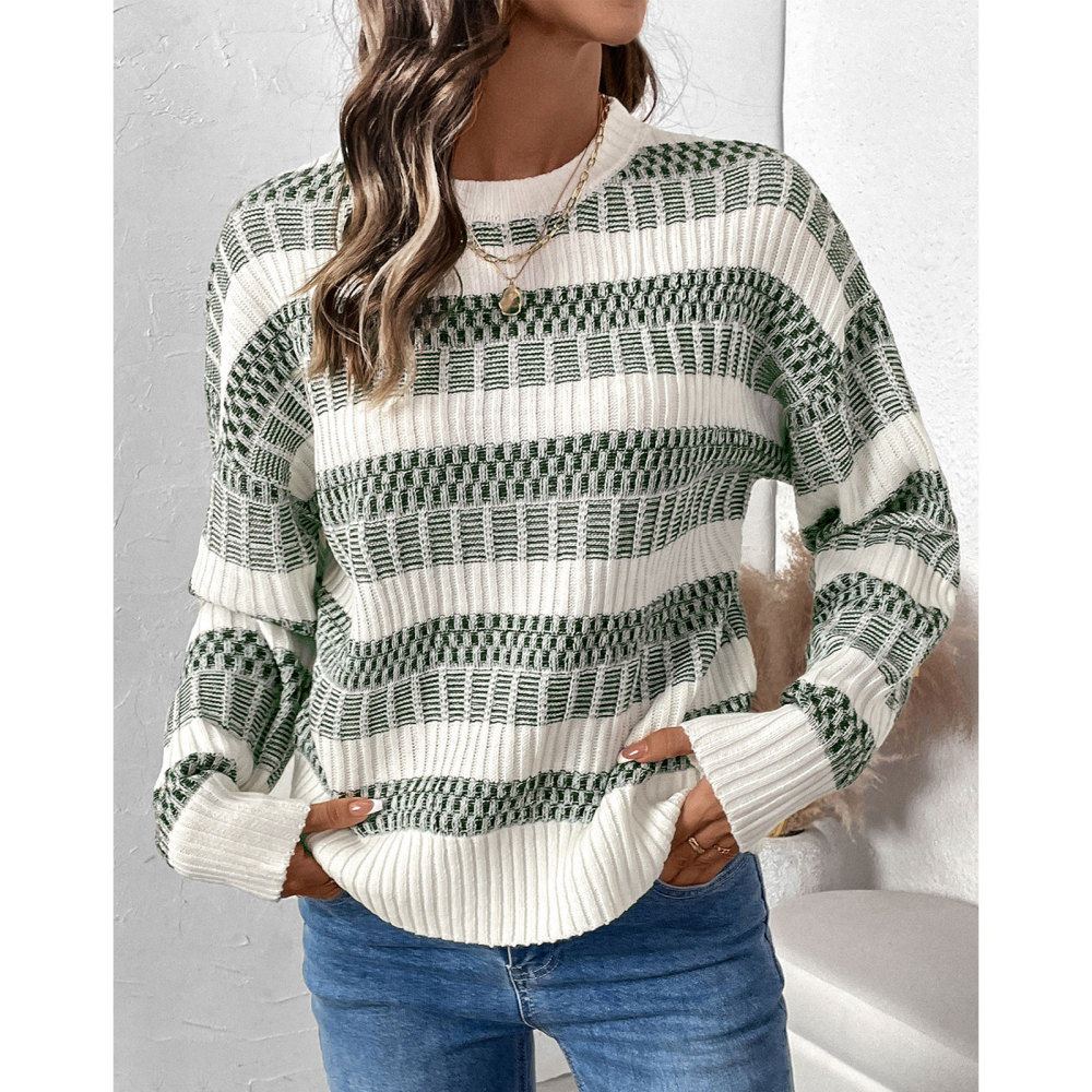MAGIMODAC Ladies Sweaters Striped Jumper Crew Neck Knitted Sweater Casual Lightweight Fine Knit Pullover Tops Long Sleeve Knitwears Loose Fit Winter