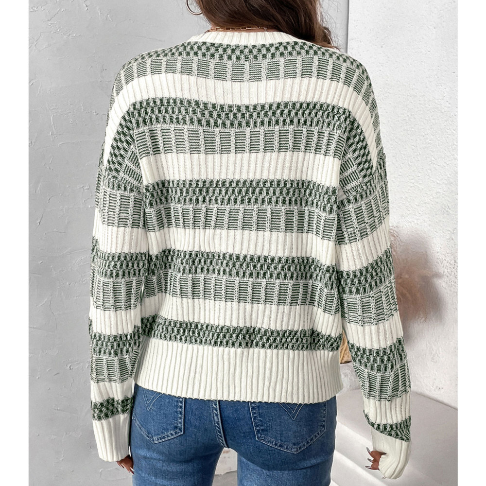 MAGIMODAC Ladies Sweaters Striped Jumper Crew Neck Knitted Sweater Casual Lightweight Fine Knit Pullover Tops Long Sleeve Knitwears Loose Fit Winter