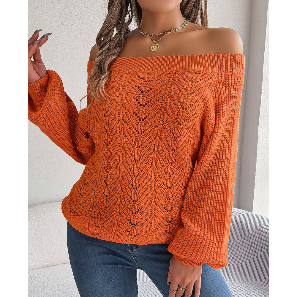 MAGIMODAC Ladies Sweaters Off The Shoulder Knit Jumper Long Sleeve Hollow Out Knitted Pullovers Tops Casual Chunky Knitwear Sweater Autumn Winter
