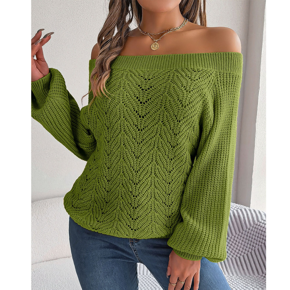 MAGIMODAC Ladies Sweaters Off The Shoulder Knit Jumper Long Sleeve Hollow Out Knitted Pullovers Tops Casual Chunky Knitwear Sweater Autumn Winter