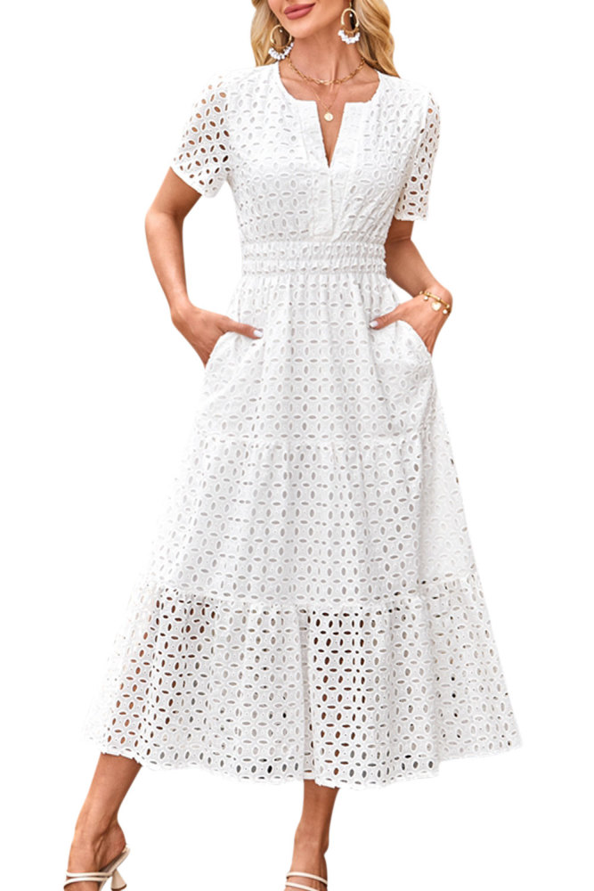 MAGIMODAC Women's Summer A Line Hollow Out Dresses Casual Short Sleeve V-Neck Maxi Dress Ladies Cotton Long Tiered Sundress Elastic High Waist with Pockets