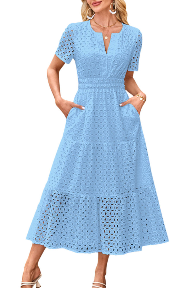 MAGIMODAC Women's Summer A Line Hollow Out Dresses Casual Short Sleeve V-Neck Maxi Dress Ladies Cotton Long Tiered Sundress Elastic High Waist with Pockets