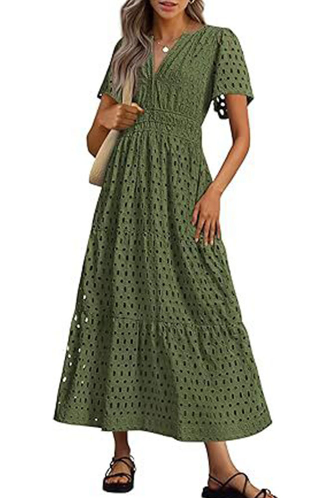 MAGIMODAC Women's Summer A Line Hollow Out Dresses Casual Short Sleeve V-Neck Maxi Dress Ladies Cotton Long Tiered Sundress Elastic High Waist with Pockets