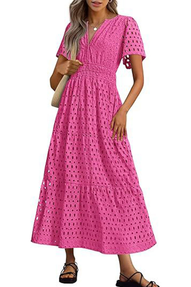 MAGIMODAC Women's Summer A Line Hollow Out Dresses Casual Short Sleeve V-Neck Maxi Dress Ladies Cotton Long Tiered Sundress Elastic High Waist with Pockets