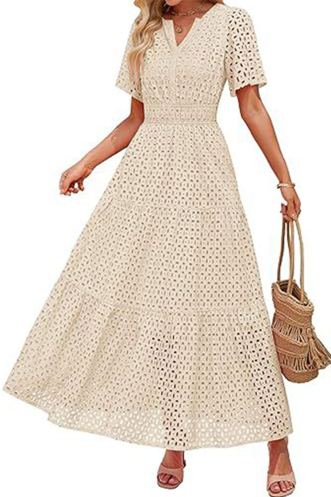 MAGIMODAC Women's Summer A Line Hollow Out Dresses Casual Short Sleeve V-Neck Maxi Dress Ladies Cotton Long Tiered Sundress Elastic High Waist with Pockets