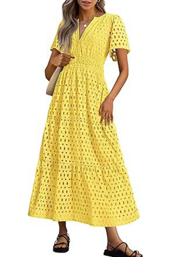 MAGIMODAC Women's Summer A Line Hollow Out Dresses Casual Short Sleeve V-Neck Maxi Dress Ladies Cotton Long Tiered Sundress Elastic High Waist with Pockets