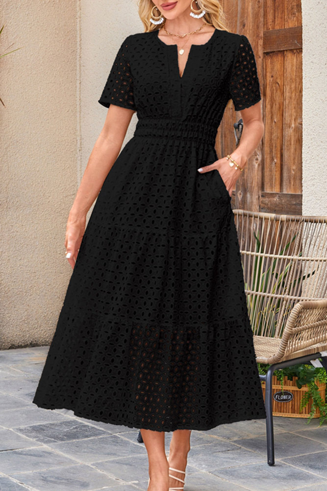 MAGIMODAC Women's Summer A Line Hollow Out Dresses Casual Short Sleeve V-Neck Maxi Dress Ladies Cotton Long Tiered Sundress Elastic High Waist with Pockets