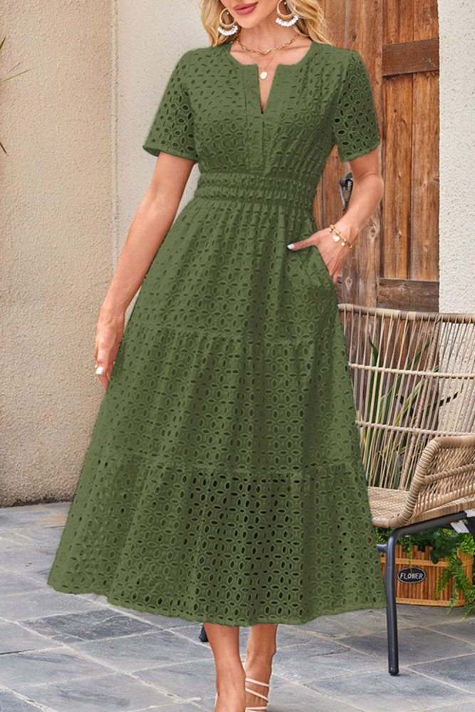 MAGIMODAC Women's Summer A Line Hollow Out Dresses Casual Short Sleeve V-Neck Maxi Dress Ladies Cotton Long Tiered Sundress Elastic High Waist with Pockets