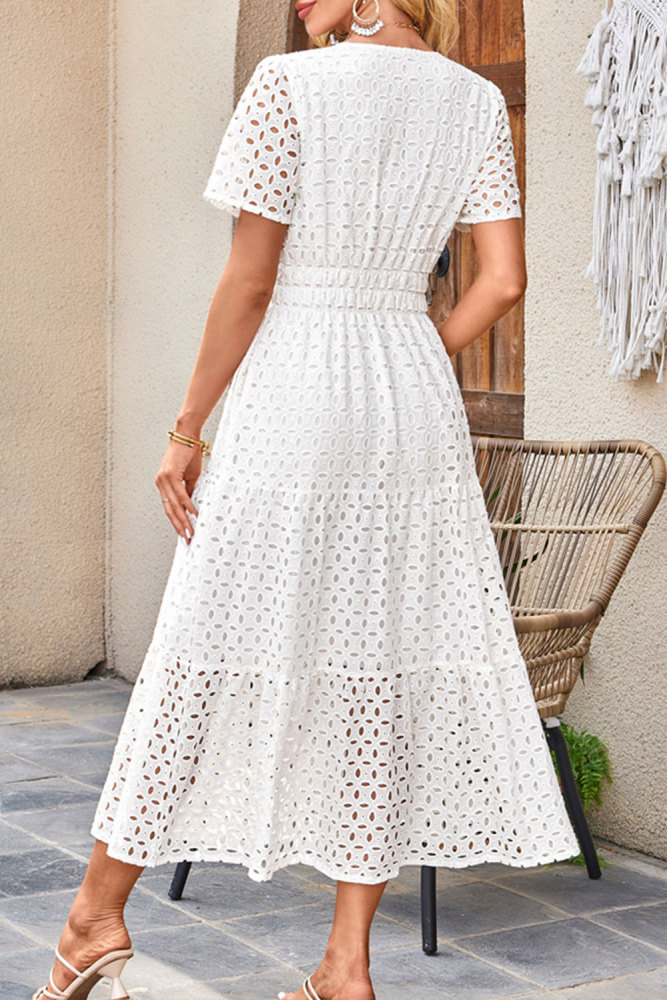 MAGIMODAC Women's Summer A Line Hollow Out Dresses Casual Short Sleeve V-Neck Maxi Dress Ladies Cotton Long Tiered Sundress Elastic High Waist with Pockets