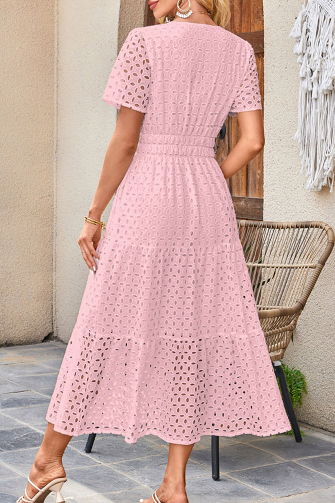 MAGIMODAC Women's Summer A Line Hollow Out Dresses Casual Short Sleeve V-Neck Maxi Dress Ladies Cotton Long Tiered Sundress Elastic High Waist with Pockets