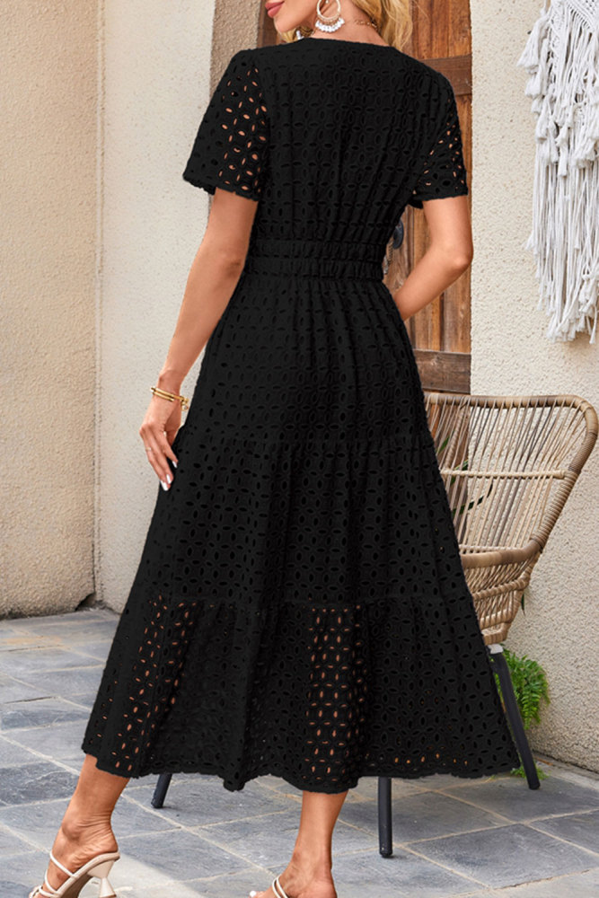 MAGIMODAC Women's Summer A Line Hollow Out Dresses Casual Short Sleeve V-Neck Maxi Dress Ladies Cotton Long Tiered Sundress Elastic High Waist with Pockets