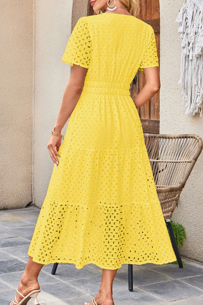 MAGIMODAC Women's Summer A Line Hollow Out Dresses Casual Short Sleeve V-Neck Maxi Dress Ladies Cotton Long Tiered Sundress Elastic High Waist with Pockets