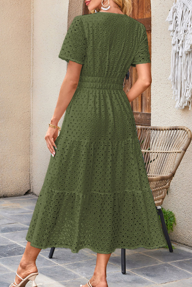 MAGIMODAC Women's Summer A Line Hollow Out Dresses Casual Short Sleeve V-Neck Maxi Dress Ladies Cotton Long Tiered Sundress Elastic High Waist with Pockets