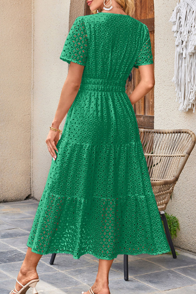 MAGIMODAC Women's Summer A Line Hollow Out Dresses Casual Short Sleeve V-Neck Maxi Dress Ladies Cotton Long Tiered Sundress Elastic High Waist with Pockets
