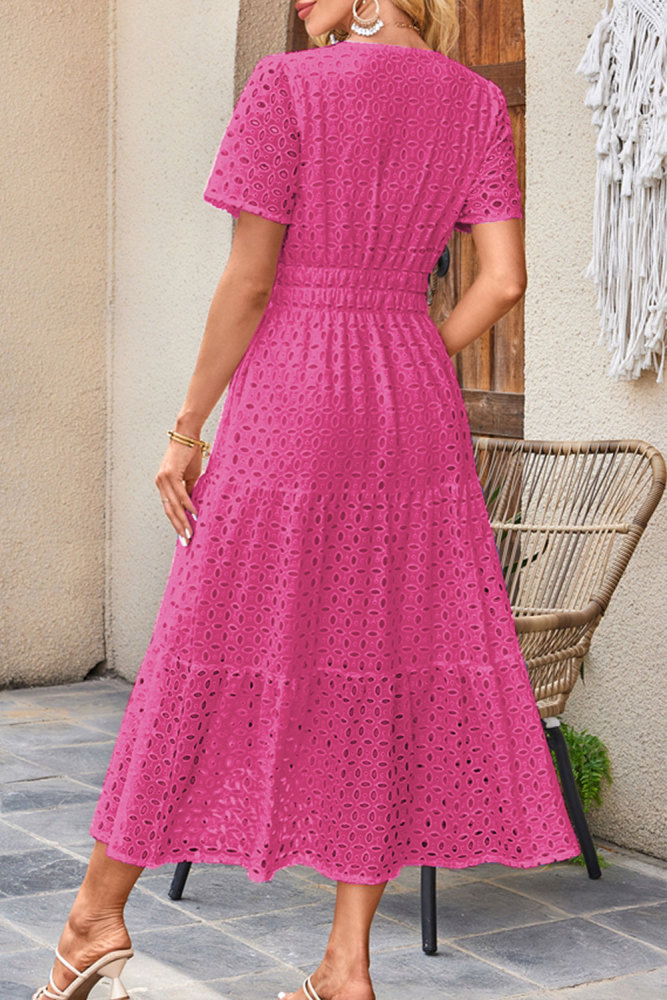 MAGIMODAC Women's Summer A Line Hollow Out Dresses Casual Short Sleeve V-Neck Maxi Dress Ladies Cotton Long Tiered Sundress Elastic High Waist with Pockets