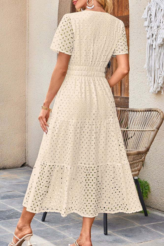 MAGIMODAC Women's Summer A Line Hollow Out Dresses Casual Short Sleeve V-Neck Maxi Dress Ladies Cotton Long Tiered Sundress Elastic High Waist with Pockets