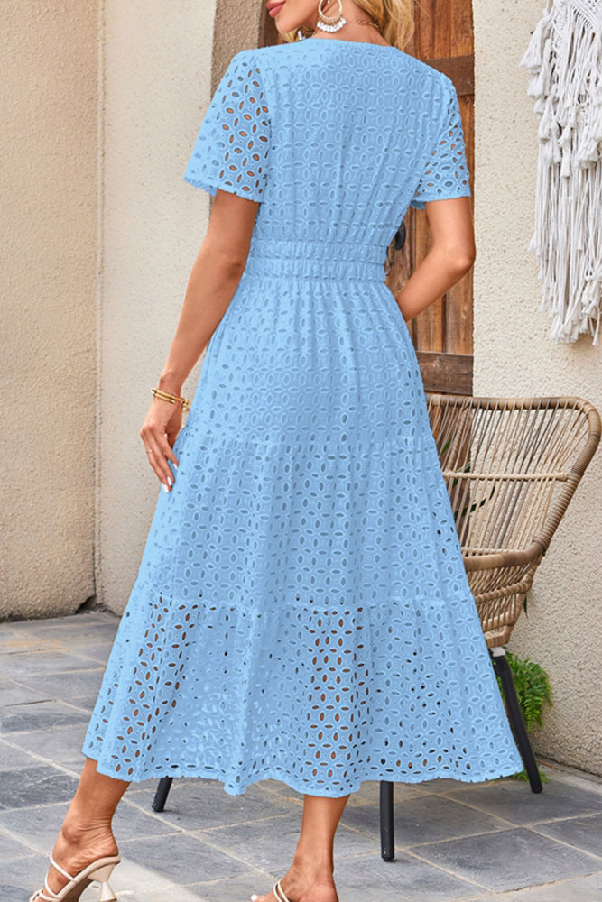 MAGIMODAC Women's Summer A Line Hollow Out Dresses Casual Short Sleeve V-Neck Maxi Dress Ladies Cotton Long Tiered Sundress Elastic High Waist with Pockets