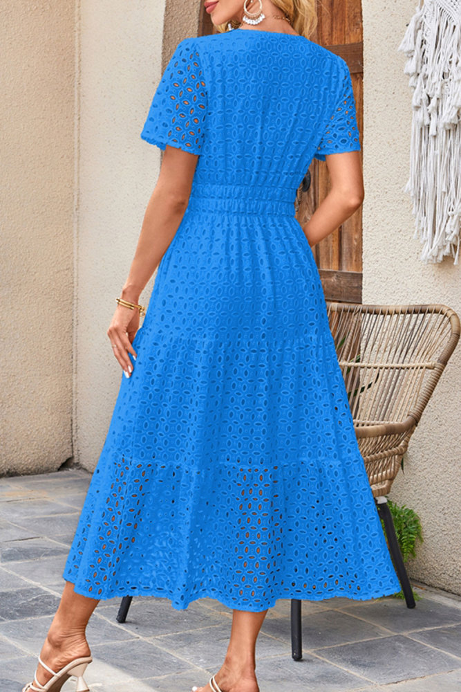 MAGIMODAC Women's Summer A Line Hollow Out Dresses Casual Short Sleeve V-Neck Maxi Dress Ladies Cotton Long Tiered Sundress Elastic High Waist with Pockets