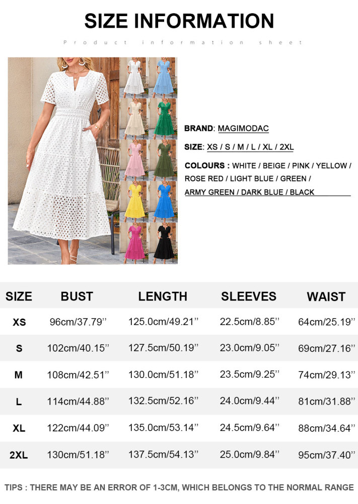 MAGIMODAC Women's Summer A Line Hollow Out Dresses Casual Short Sleeve V-Neck Maxi Dress Ladies Cotton Long Tiered Sundress Elastic High Waist with Pockets