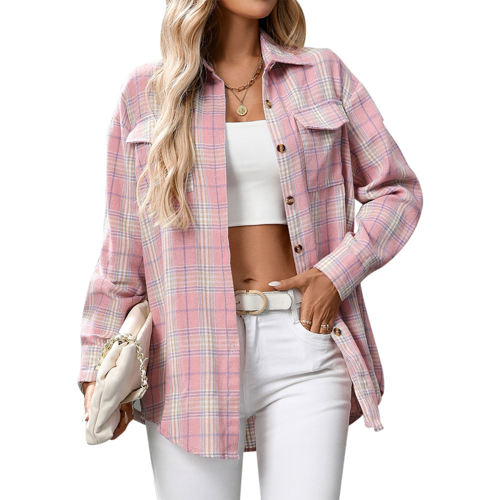 MAGIMODAC Ladies Tartan Shirts Checked Shirt Button Down Plaid Blouses Long Sleeve Check Blouse Retro Tunic Tops with Pockets Regular Fit Casual Boyfriend