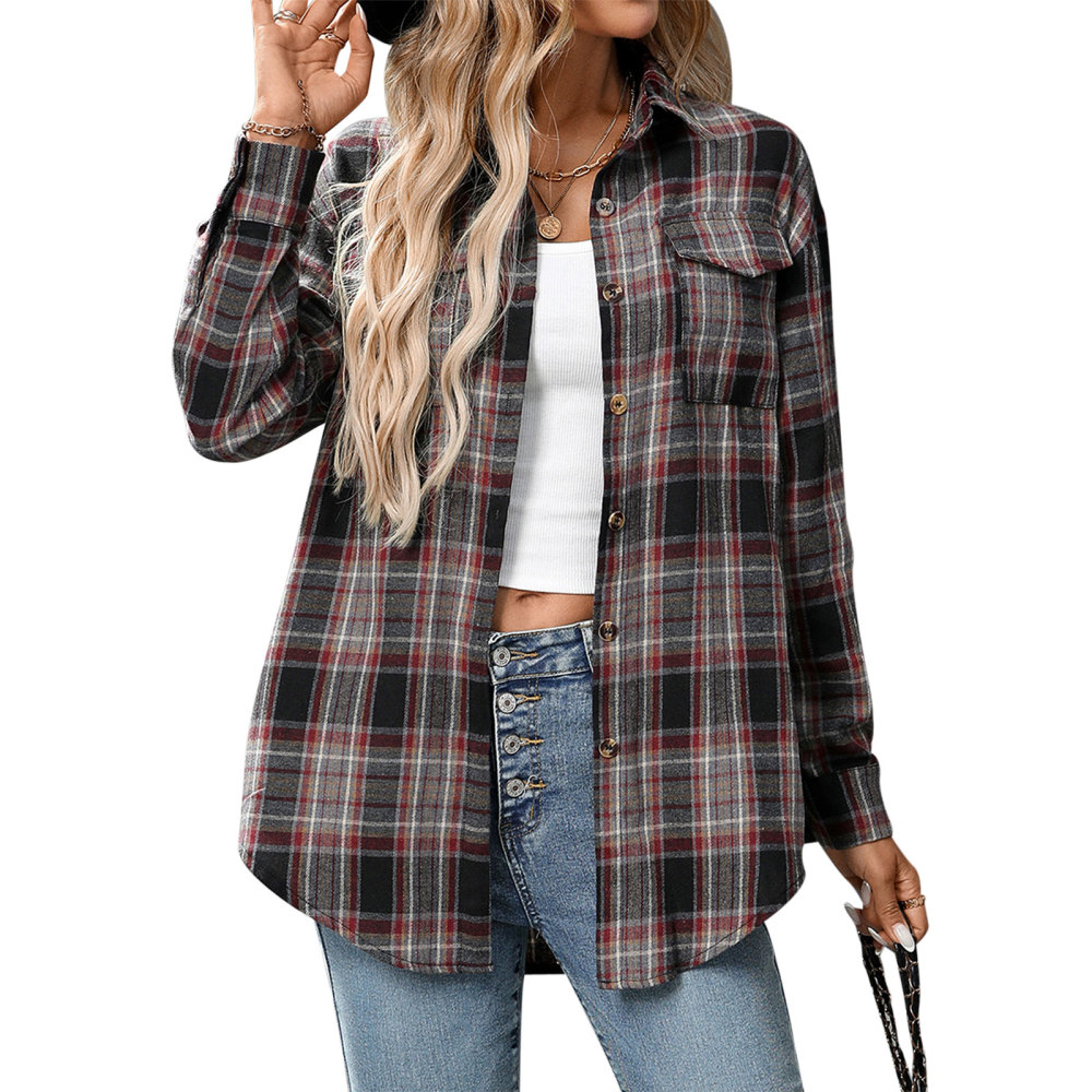 MAGIMODAC Ladies Tartan Shirts Checked Shirt Button Down Plaid Blouses Long Sleeve Check Blouse Retro Tunic Tops with Pockets Regular Fit Casual Boyfriend