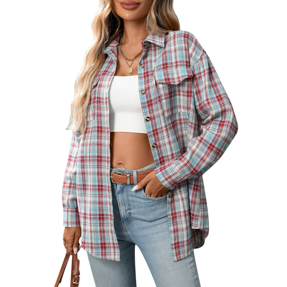 MAGIMODAC Ladies Tartan Shirts Checked Shirt Button Down Plaid Blouses Long Sleeve Check Blouse Retro Tunic Tops with Pockets Regular Fit Casual Boyfriend