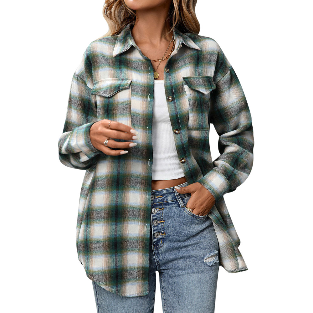 MAGIMODAC Ladies Tartan Shirts Checked Shirt Button Down Plaid Blouses Long Sleeve Check Blouse Retro Tunic Tops with Pockets Regular Fit Casual Boyfriend
