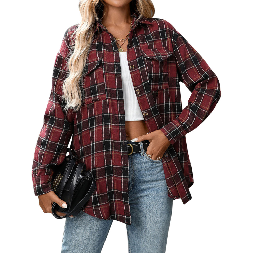 MAGIMODAC Ladies Tartan Shirts Checked Shirt Button Down Plaid Blouses Long Sleeve Check Blouse Retro Tunic Tops with Pockets Regular Fit Casual Boyfriend