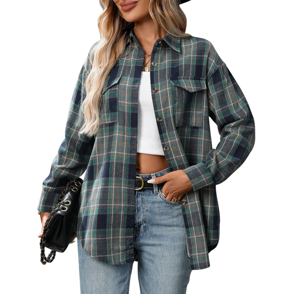 MAGIMODAC Ladies Tartan Shirts Checked Shirt Button Down Plaid Blouses Long Sleeve Check Blouse Retro Tunic Tops with Pockets Regular Fit Casual Boyfriend