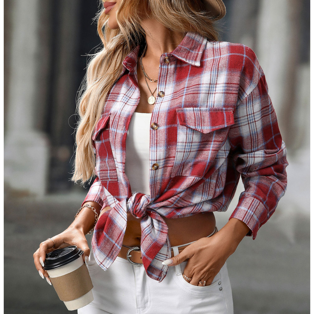 MAGIMODAC Ladies Tartan Shirts Checked Shirt Button Down Plaid Blouses Long Sleeve Check Blouse Retro Tunic Tops with Pockets Regular Fit Casual Boyfriend