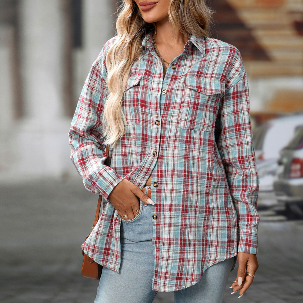 MAGIMODAC Ladies Tartan Shirts Checked Shirt Button Down Plaid Blouses Long Sleeve Check Blouse Retro Tunic Tops with Pockets Regular Fit Casual Boyfriend