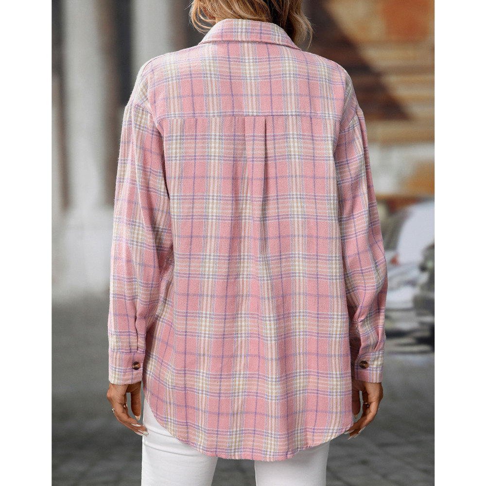 MAGIMODAC Ladies Tartan Shirts Checked Shirt Button Down Plaid Blouses Long Sleeve Check Blouse Retro Tunic Tops with Pockets Regular Fit Casual Boyfriend